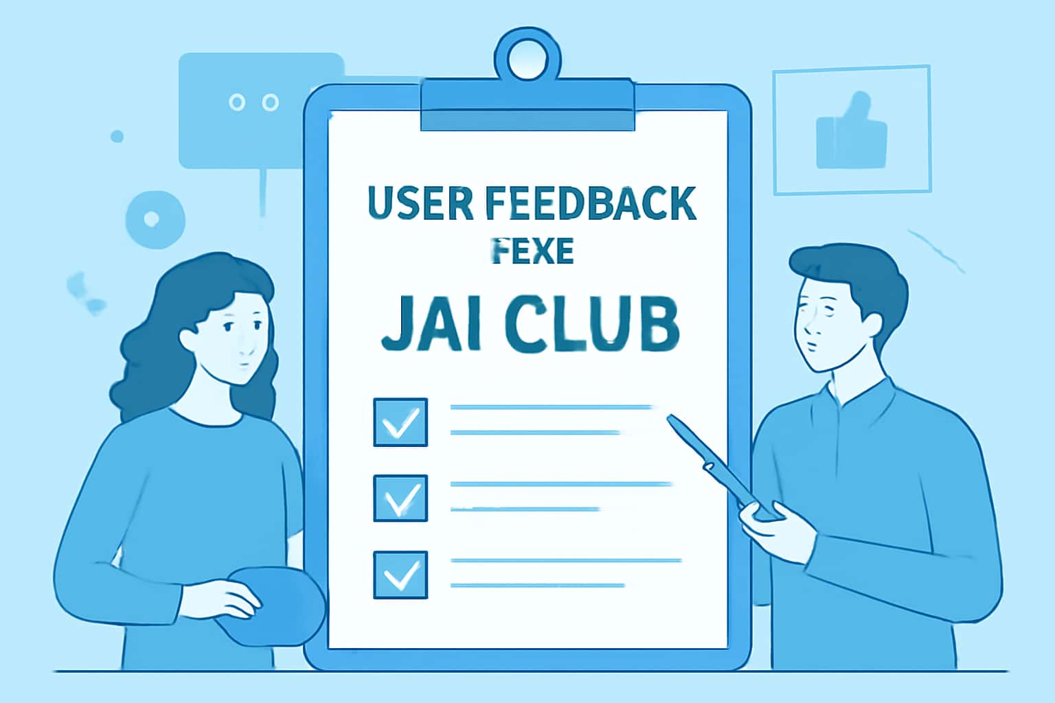A futuristic scene depicting user feedback on the Jai Club app with a blue theme.